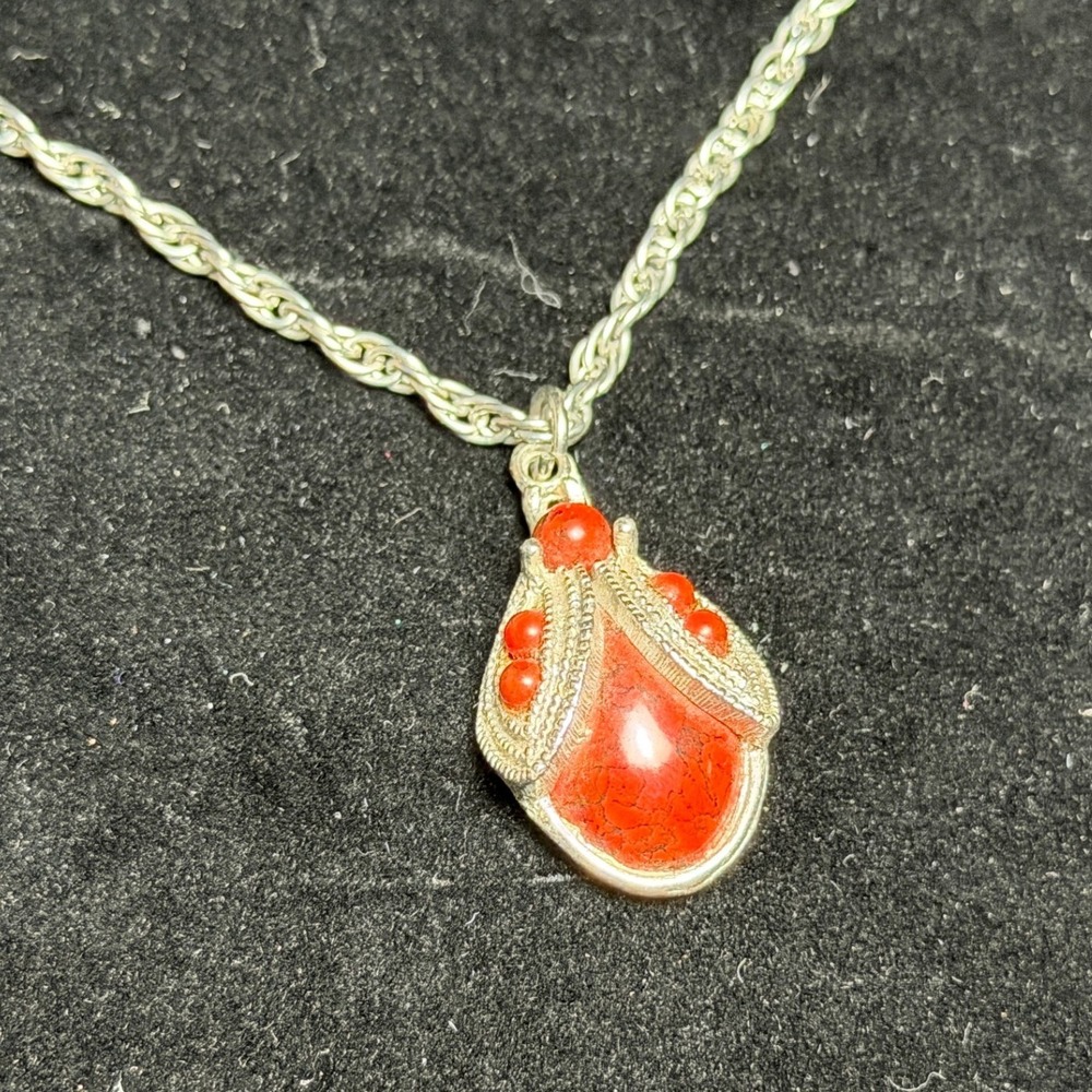 Vintage Silver Tone, Red Stone Teardrop Pendant Necklace: 24 Inch Rope Chain